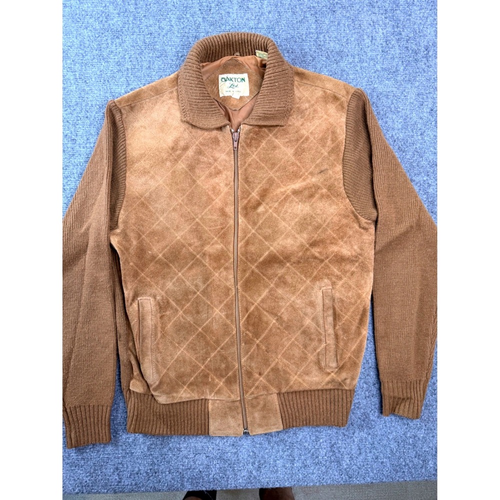 Vintage Oakton Ltd Mens Tan Quilted Leather Knit Bomber Jacket Size M‎ Brown Zip